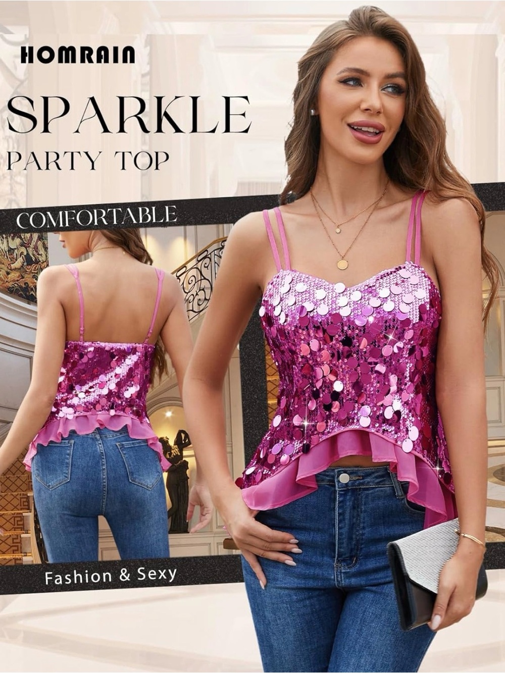 HomRain Women's Sexy Sequin Tops V Neck Strappy Casual Glitter Sparkly Camisole - Picture 3 of 5